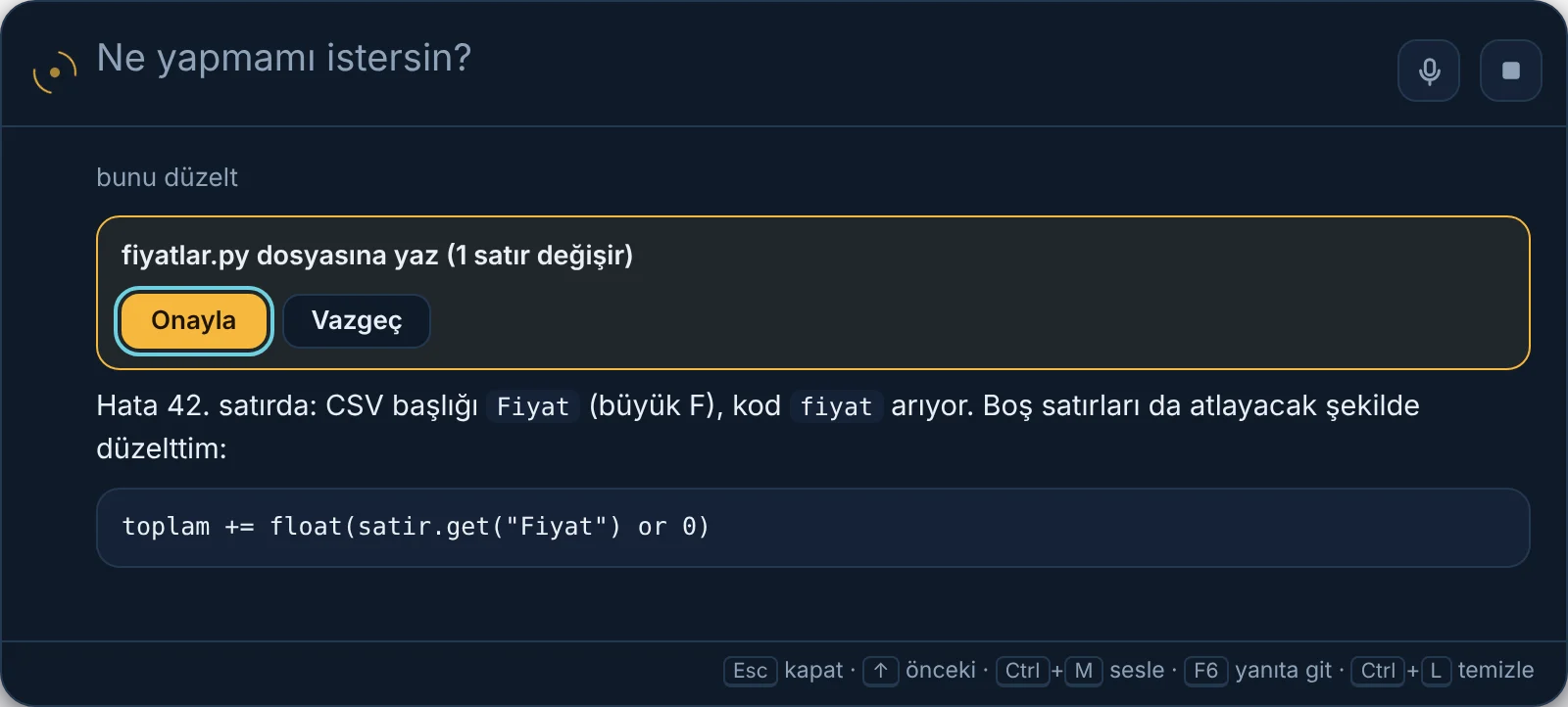 NexaPilot ekrandaki Python hatasını açıklıyor ve dosyaya yazmak için onay istiyor
